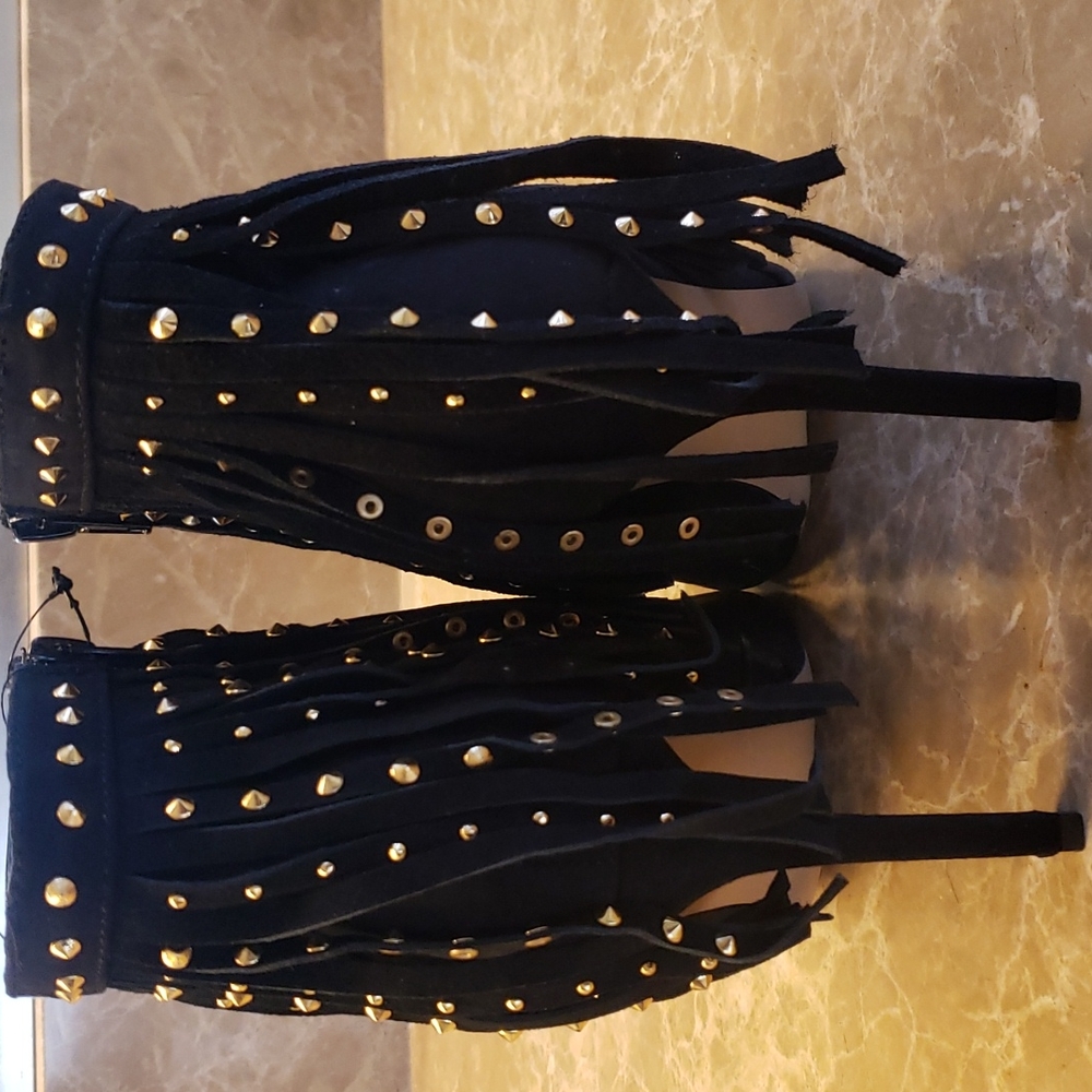 Express black micro suede cowhide fringed w gold-embellished ankle booti… - Picture 10 of 16